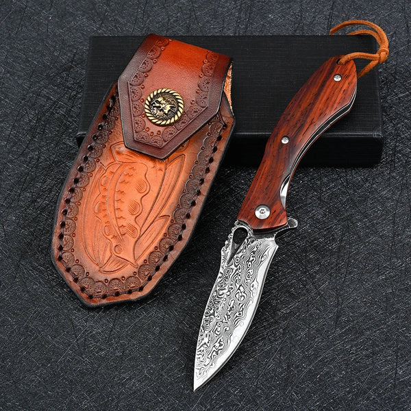 Meteor Engraved Damascus Steel Pocket Knife with Exotic Red Sandal Wood Handle
