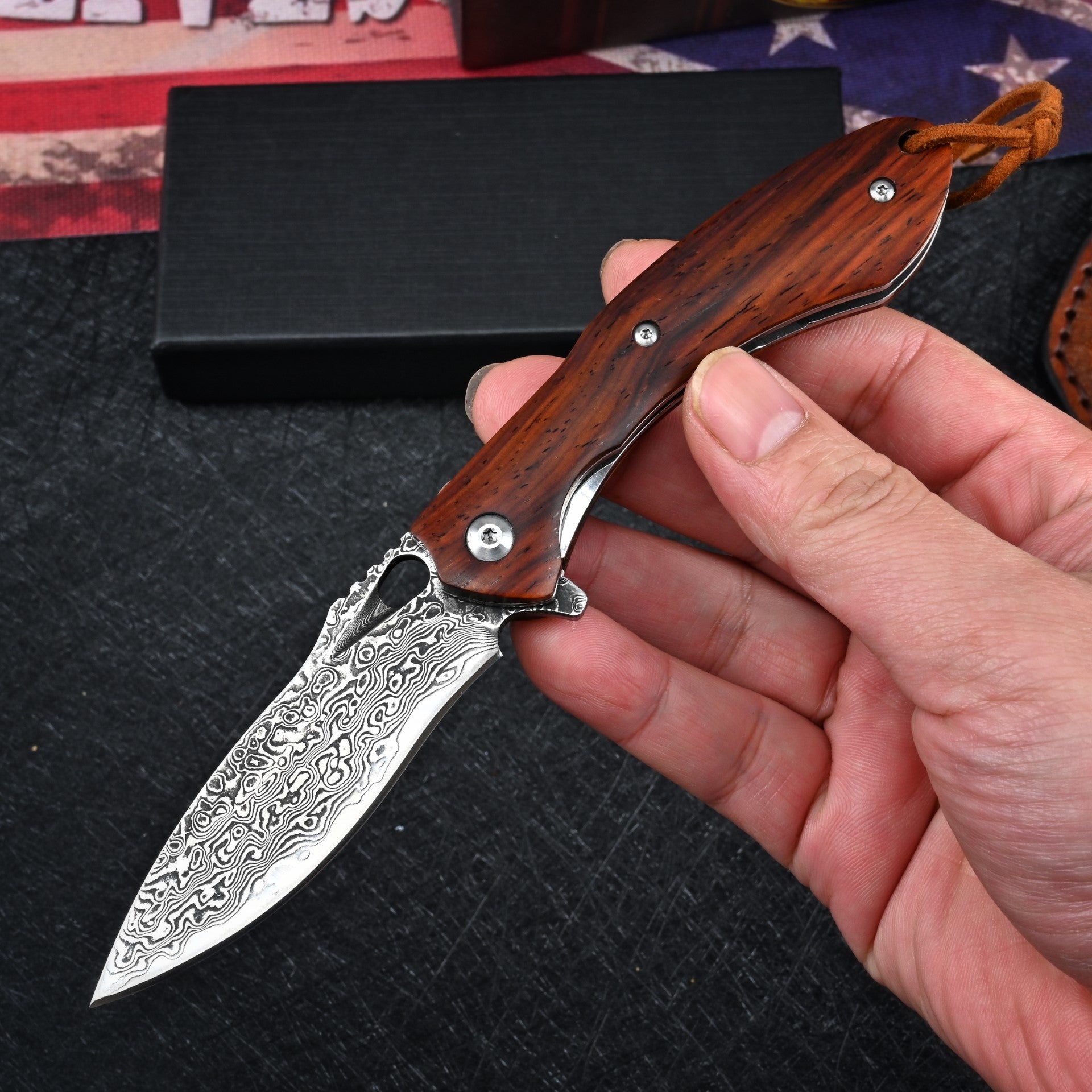 Meteor Engraved Damascus Steel Pocket Knife with Exotic Red Sandal Wood Handle