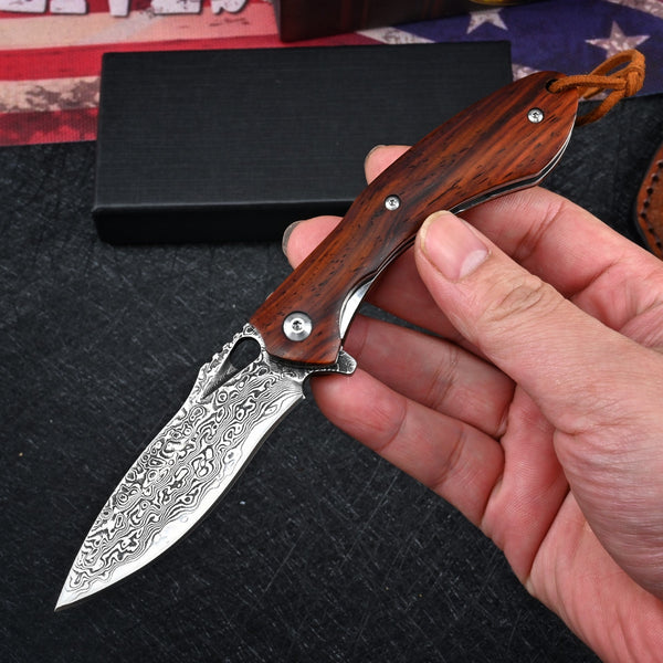 Meteor Engraved Damascus Steel Pocket Knife with Exotic Red Sandal Wood Handle
