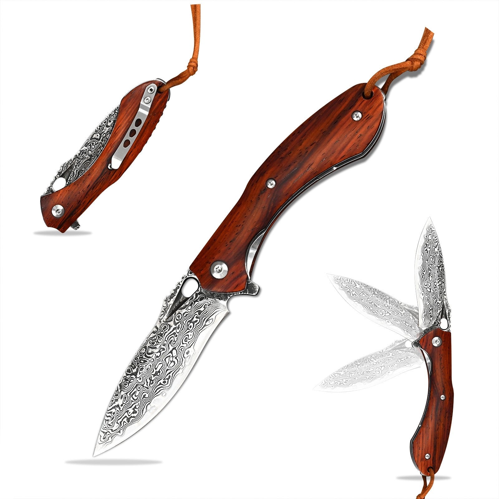 Meteor Engraved Damascus Steel Pocket Knife with Exotic Red Sandal Wood Handle