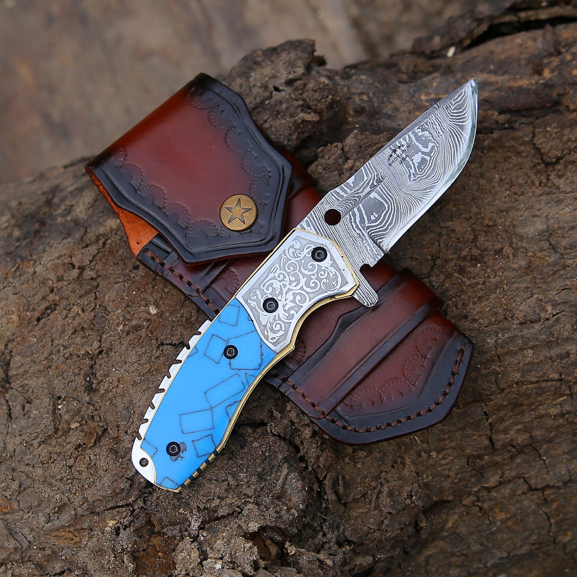 Reckoner Damascus Folding Knife with Turquoise Resin Handle