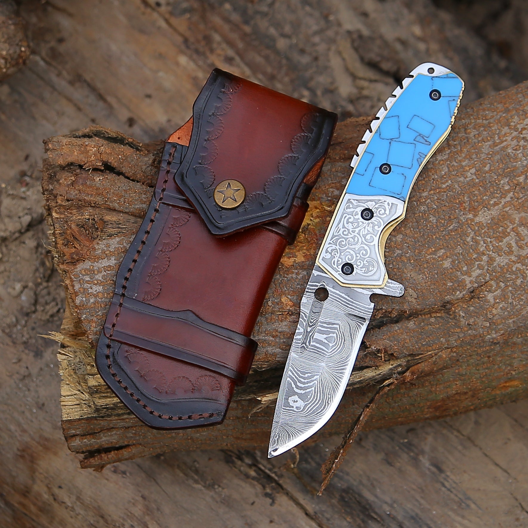 Reckoner Damascus Folding Knife with Turquoise Resin Handle