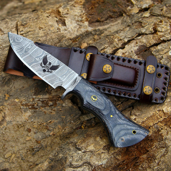 Black Reaper Damascus Steel Knife with Leather Sheath