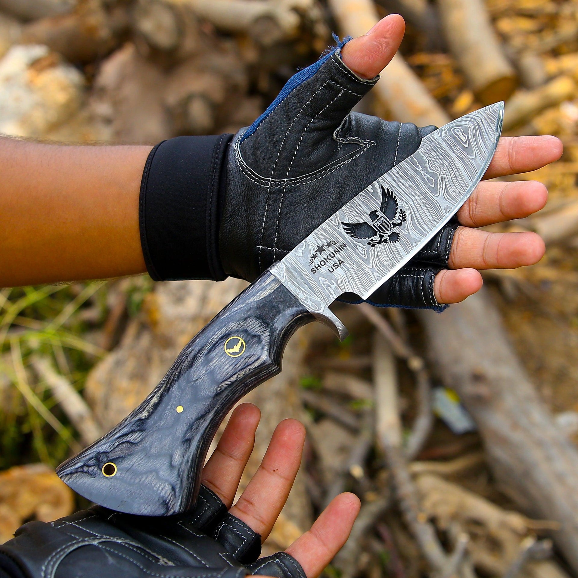 Black Reaper Damascus Steel Knife with Leather Sheath