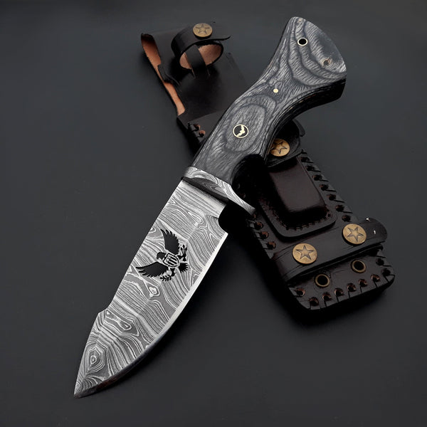 Black Reaper Damascus Steel Knife with Leather Sheath