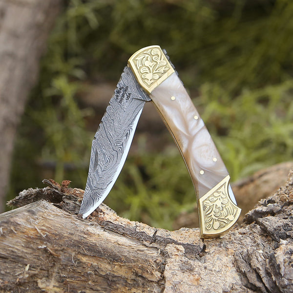 Thunderblade Handmade Damascus Pocket Knife with Leather Sheath & Mother of Pearl Resin