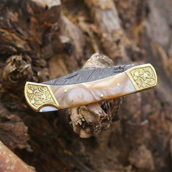Thunderblade Handmade Damascus Pocket Knife with Leather Sheath & Mother of Pearl Resin