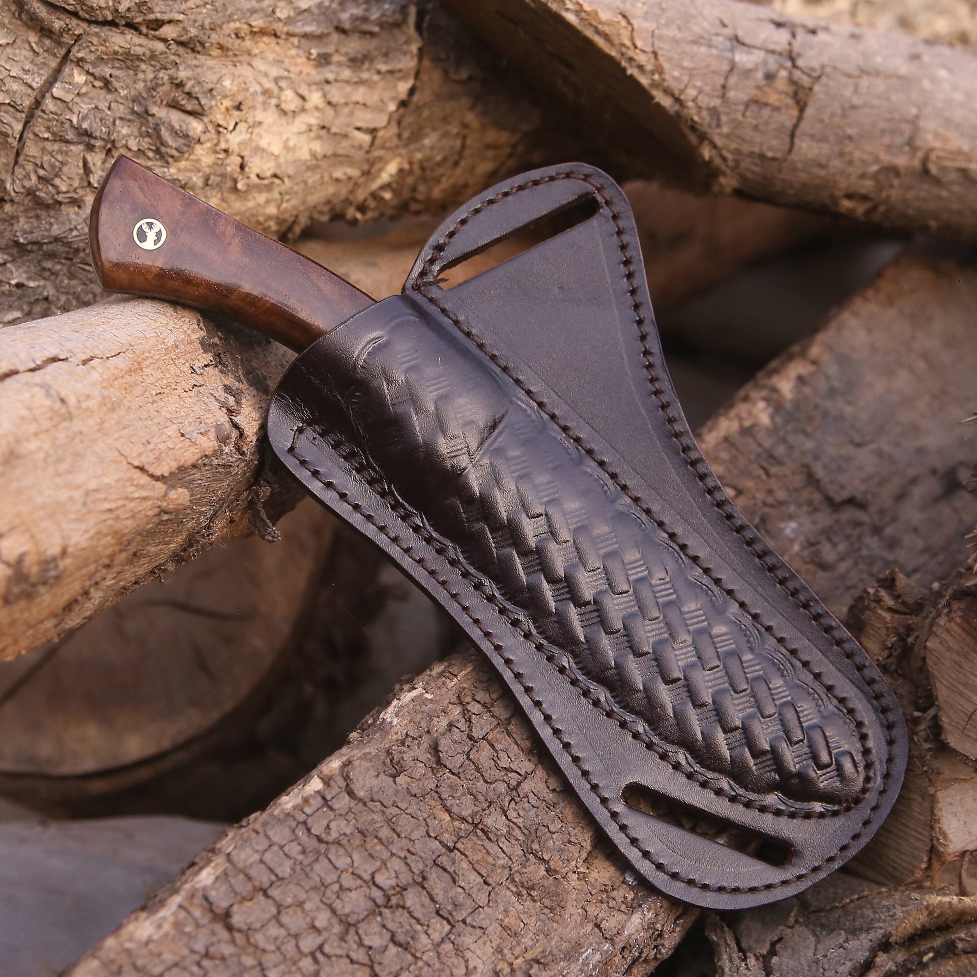 Bloodhound Damascus Steel Knife with Leather Sheath