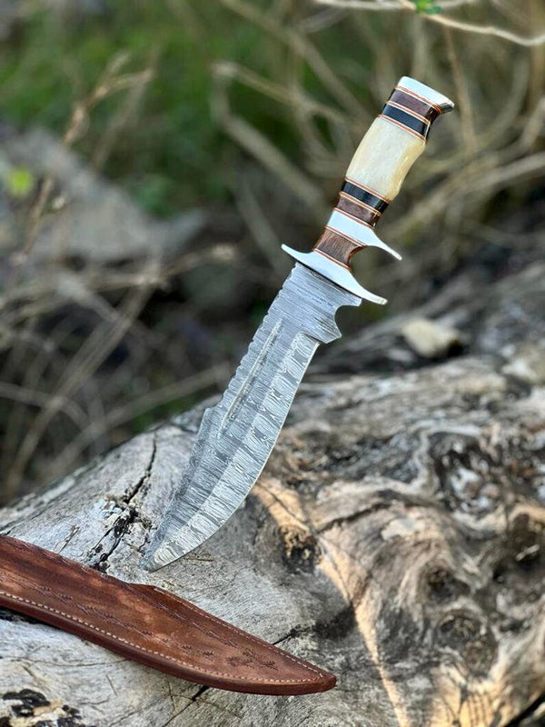 Damascus Steel Sub-Hilt Fighter Bowie Knife 14” – Premium Christmas Gift with Leather Sheath