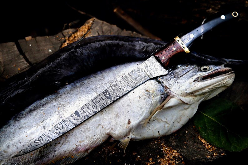 Handmade Damascus Fillet Knife – 13” Buffalo Horn, Rosewood & Brass Handle with Leather Sheath