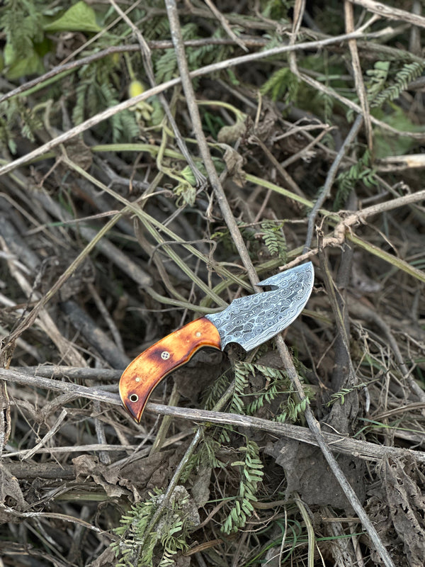 Custom Handmade Damascus Steel Guthook Skinning Knife with Camel Bone Handle - 7.5” Blade with Leather Sheath