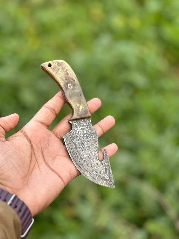 Custom Handmade Damascus Steel Guthook Skinning Knife with Sheep Horn Handle - 7.5” with Leather Sheath