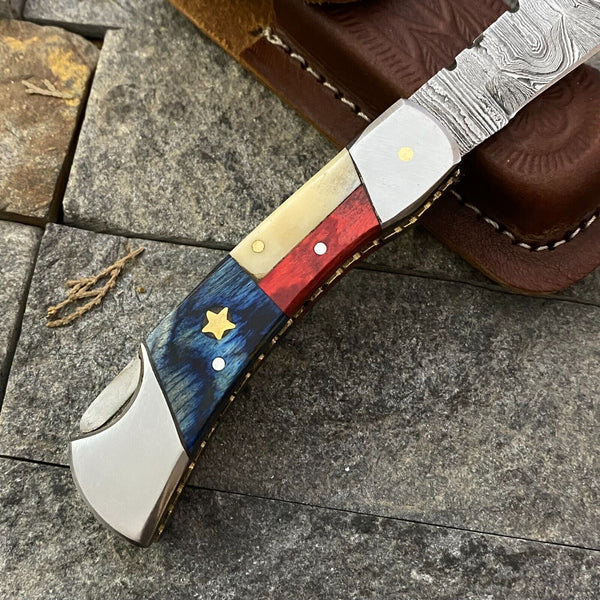 Damascus Steel Pocket Knife with Texas Flag Handle – 3