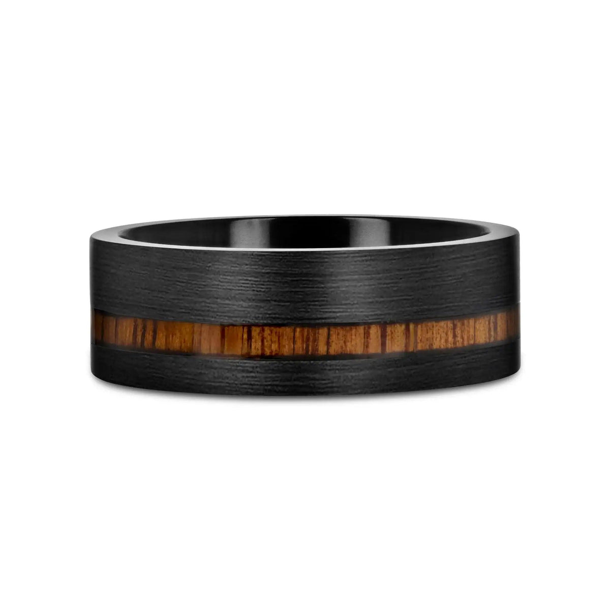 DARING Off-Set Koa Wood Inlaid Black Titanium Men's Wedding Band With Flat Brushed Finish - 8mm
