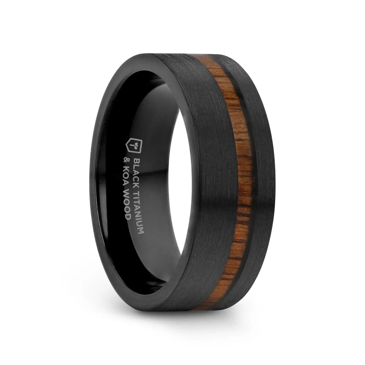 DARING Off-Set Koa Wood Inlaid Black Titanium Men's Wedding Band With Flat Brushed Finish - 8mm