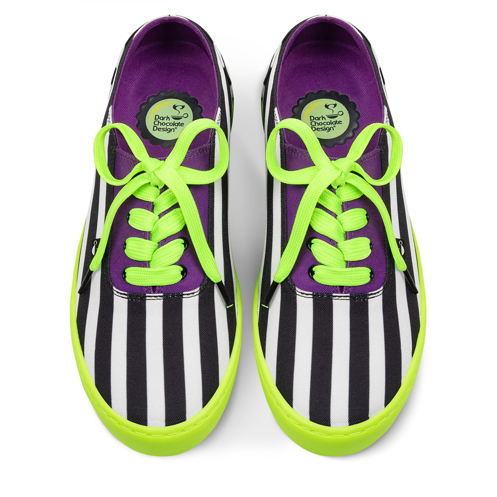 Dark Chocolate Design
Chocolaticas® Ghost Beetle Casual Sneaker - Purple sneakers with black and white striped pattern and bright green laces on a white background