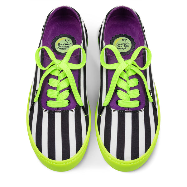 Dark Chocolate Design
Chocolaticas® Ghost Beetle Casual Sneaker - Purple sneakers with black and white striped pattern and bright green laces on a white background