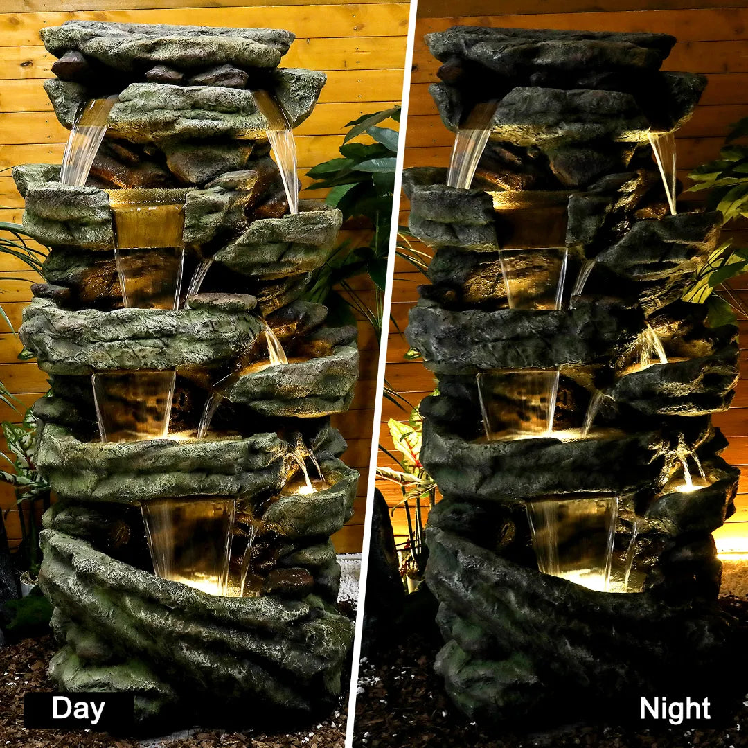 Resin Stacked Stone Rock Waterfall Outdoor Fountain with LED