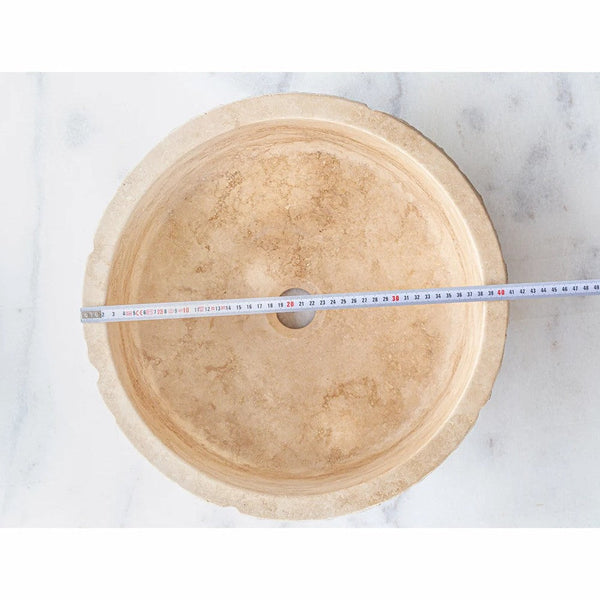 Denizli Beige Travertine Rustic Stone Vessel Sink Honed Interior Hand Chiseled Exterior  (D)16