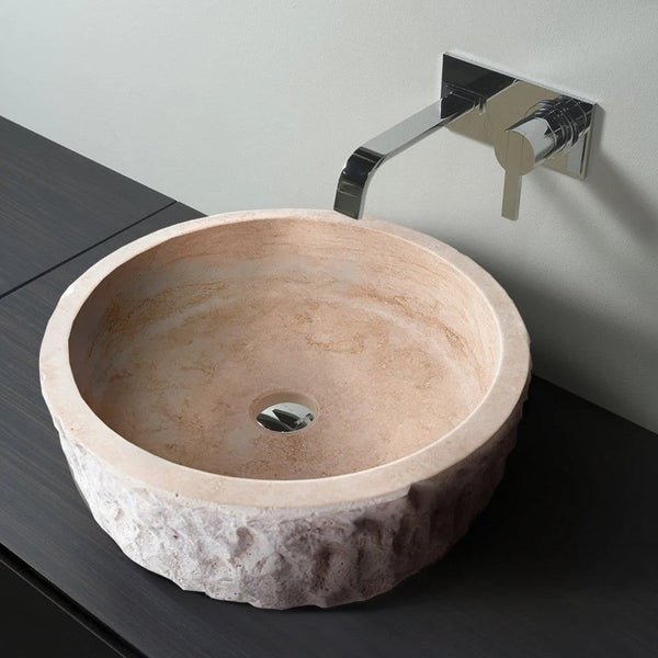 Denizli Beige Travertine Rustic Stone Vessel Sink Honed Interior Hand Chiseled Exterior  (D)16