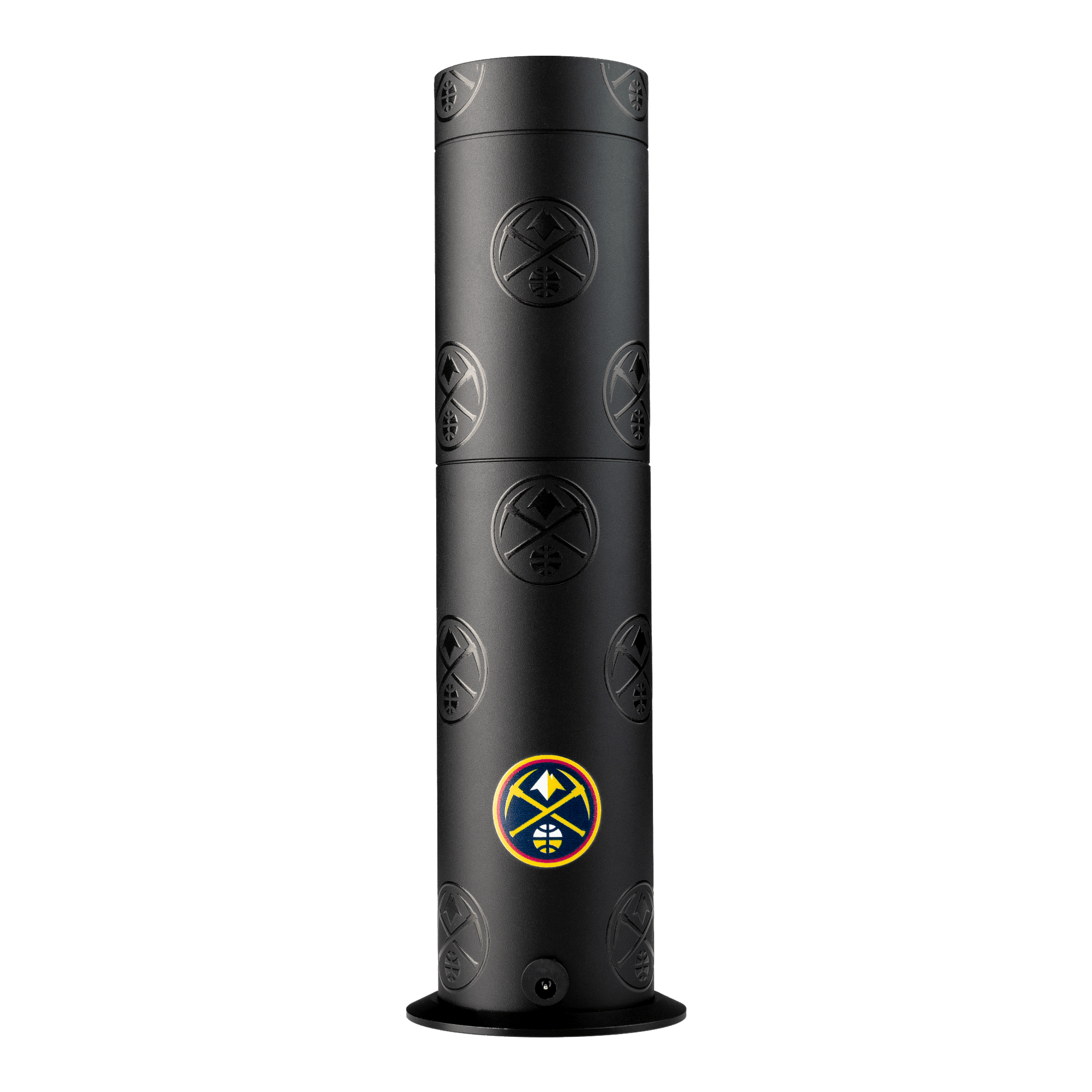 Black cylindrical product with a logo on a white background
