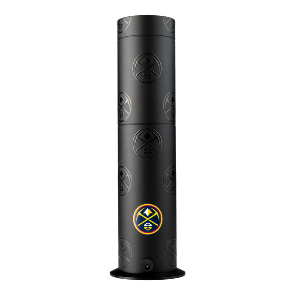 Black cylindrical product with a logo on a white background