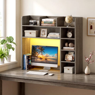 Desktop Bookshelf with LED Lights 35.5 inch Desk Hutch Storage Organizer-Oak