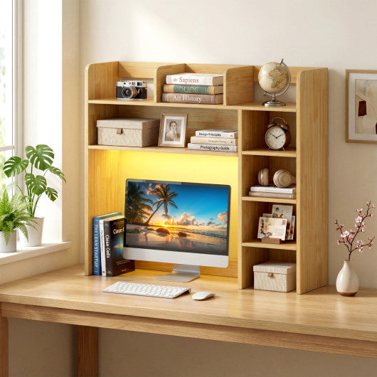 Desktop Bookshelf with LED Lights 35.5 inch Desk Hutch Storage Organizer-Beige