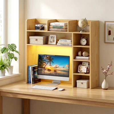 Desktop Bookshelf with LED Lights 35.5 inch Desk Hutch Storage Organizer-Beige