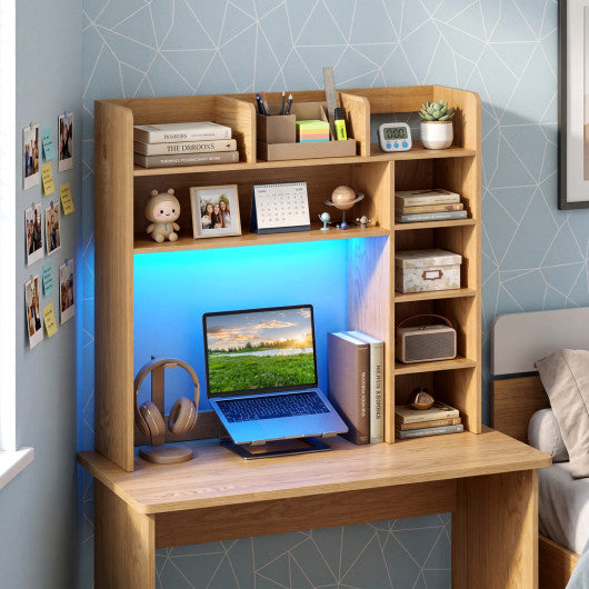 Desktop Bookshelf with LED Lights 35.5 inch Desk Hutch Storage Organizer-Natural