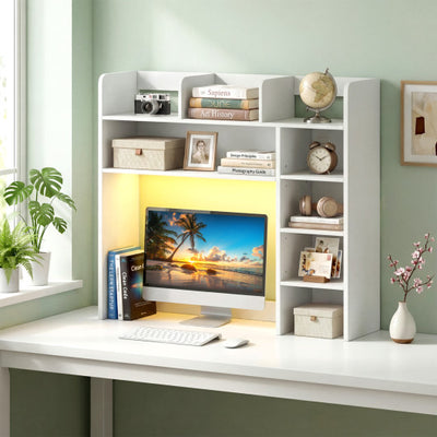 Desktop Bookshelf with LED Lights 35.5 inch Desk Hutch Storage Organizer-White