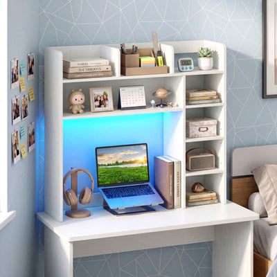 Desktop Bookshelf with LED Lights 35.5 inch Desk Hutch Storage Organizer-White