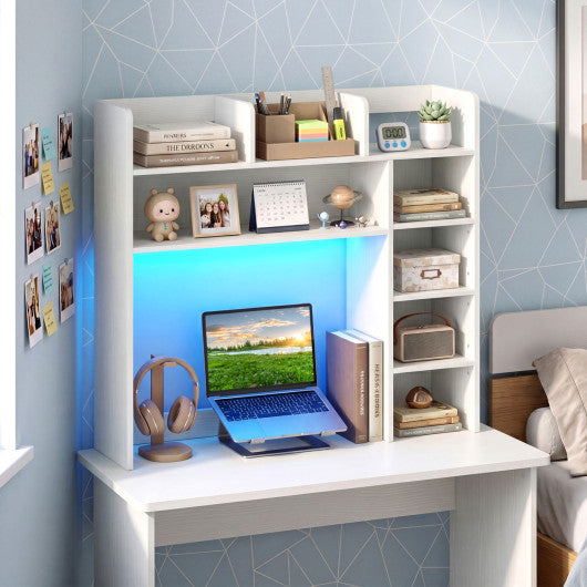 Desktop Bookshelf with LED Lights 35.5 inch Desk Hutch Storage Organizer-White