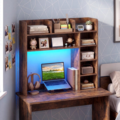 Desktop Bookshelf with LED Lights 35.5 inch Desk Hutch Storage Organizer-Rustic Brown