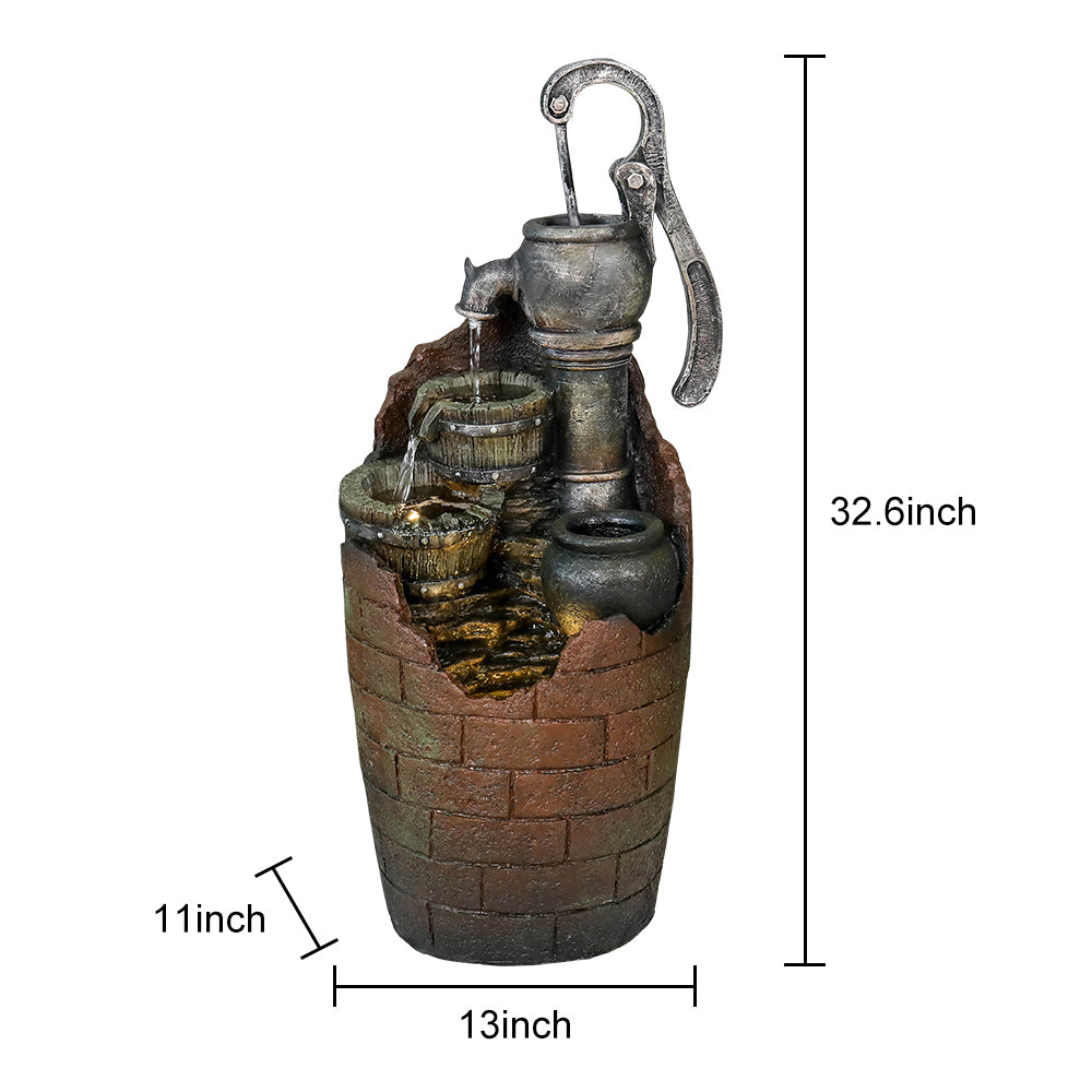 Resin Hand Pump Barrel Farmhouse Outdoor Fountain 32 in