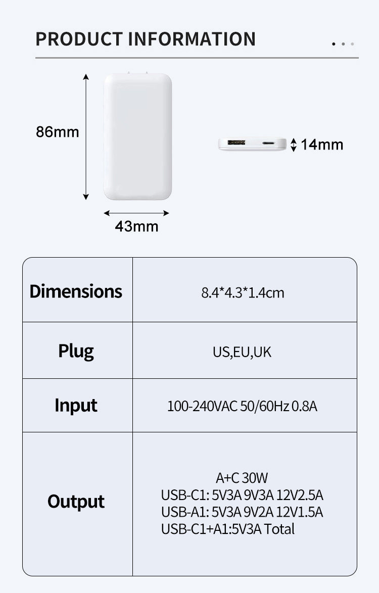 2-Pack Ultra-Slim 30W USB-C & USB-A Dual-Port Fast Charger
