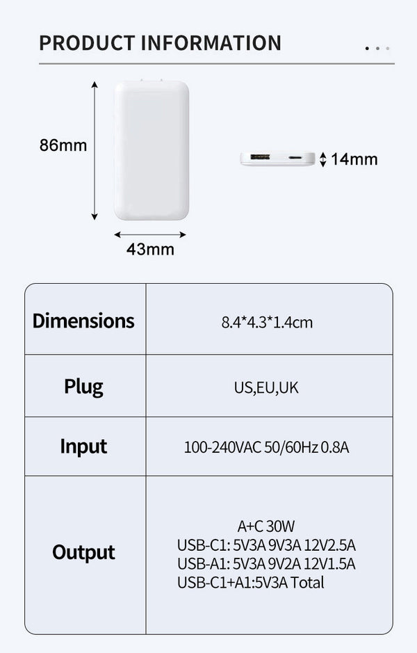 2-Pack Ultra-Slim 30W USB-C & USB-A Dual-Port Fast Charger