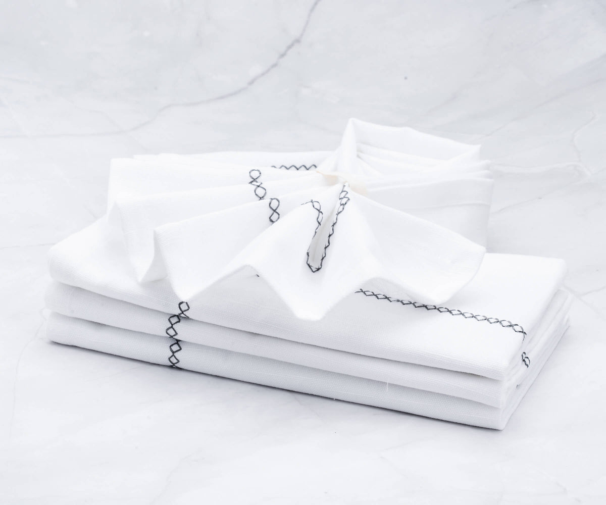 White Cloth Napkins - Diamond Embroidered Napkins
