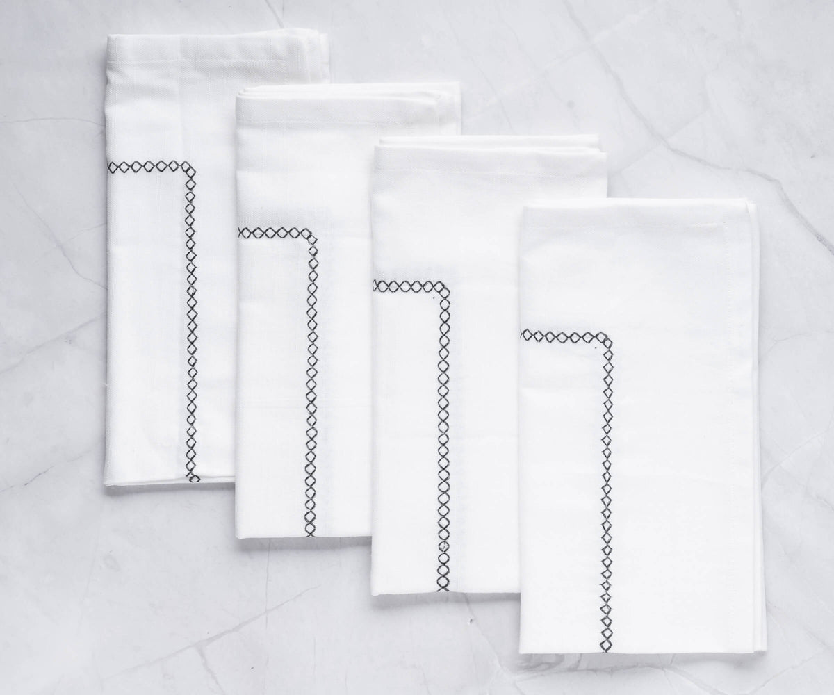 White Cloth Napkins - Diamond Embroidered Napkins