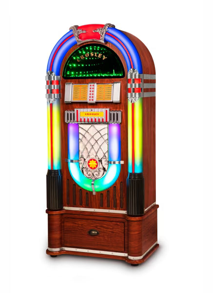 Vintage-style jukebox with colorful lights on a white background