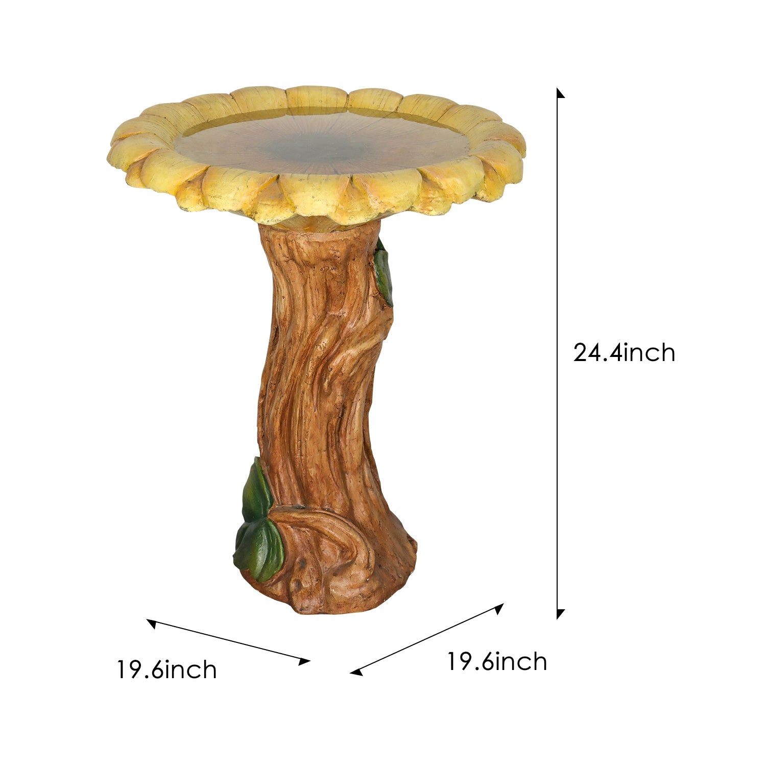 Concrete Wooden Bird Bath Sunflower on Trunk 24 Inch