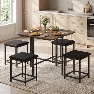 Dining Table Set with 4 Upholstered Stools and Metal Frame-Rustic Brown
