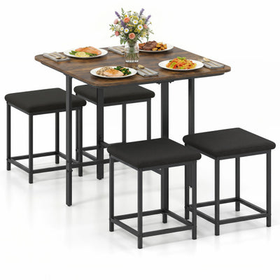 Dining Table Set with 4 Upholstered Stools and Metal Frame-Rustic Brown