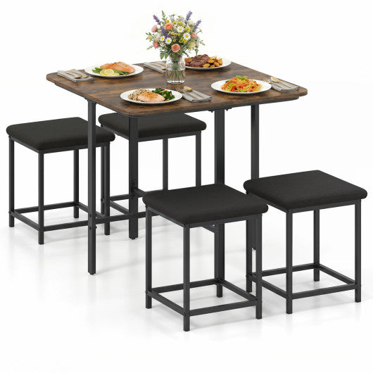 Dining Table Set with 4 Upholstered Stools and Metal Frame-Rustic Brown