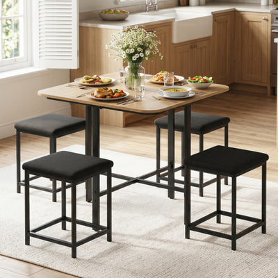 Dining Table Set with 4 Upholstered Stools and Metal Frame-Natural