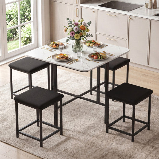 Dining Table Set with 4 Upholstered Stools and Metal Frame-White