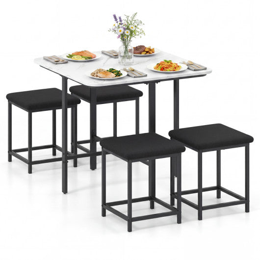 Dining Table Set with 4 Upholstered Stools and Metal Frame-White