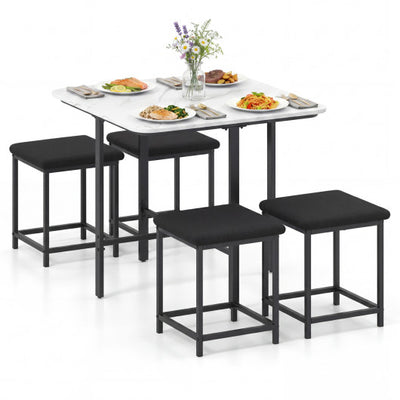 Dining Table Set with 4 Upholstered Stools and Metal Frame-White