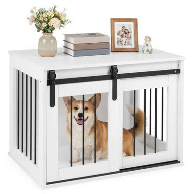 Dog Crate Furniture Heavy Duty Dog Kennel with Sliding Barn Door-White