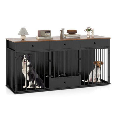 Dog Crate Furniture Indoor Modern Dog Kennel with Divider 3 Drawers and Pull-out Feeder-Black